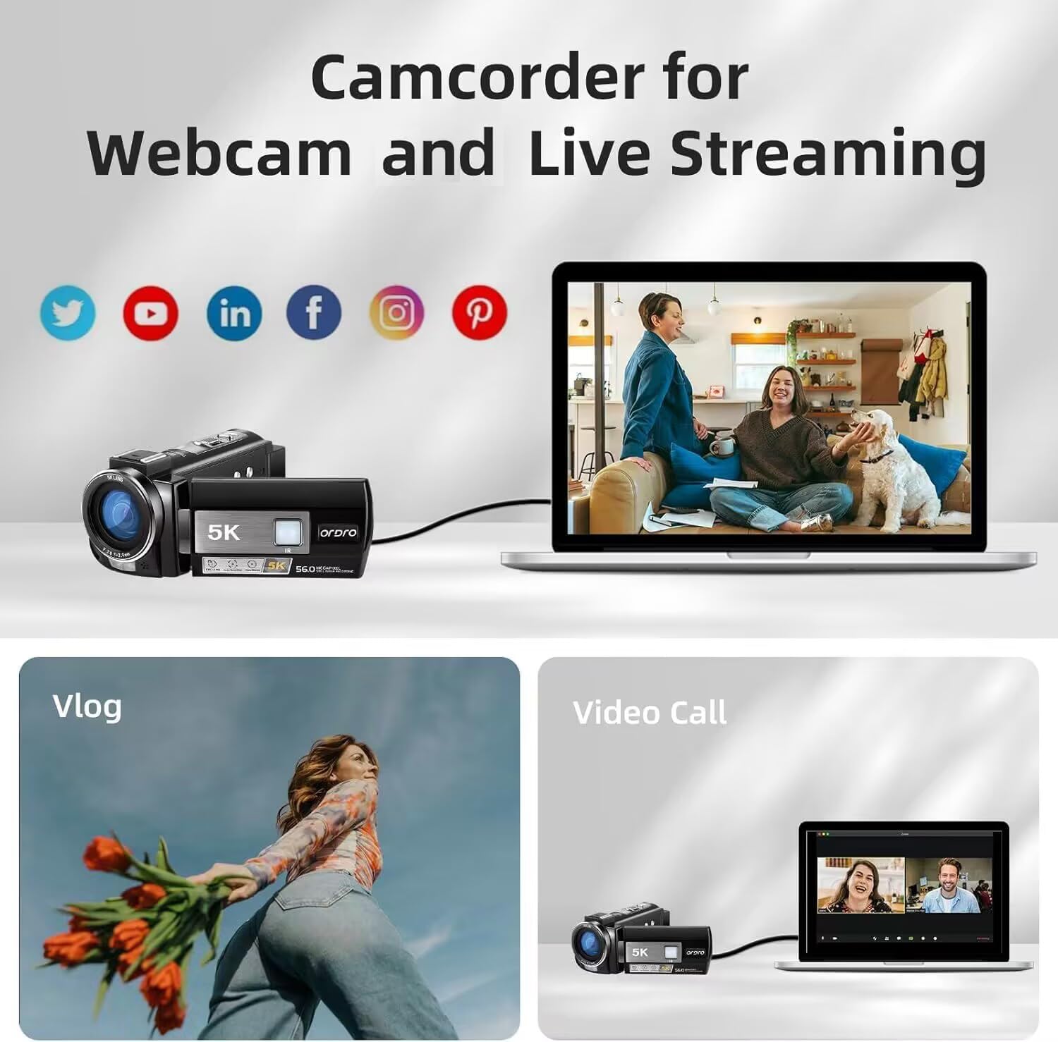 Ordro 5K Video Camera Camcorder With 95� Wide Angle, Wdr Mode, Eis Stabilizer, Ae20 Video Camera Recorder Ir Night Vision Vlogging Camera For Youtube With Ir Night Light, Holder, Remote, 2 Batteries